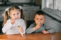 Kids boy and girl eating ice cream cone in the kitchen is a lot of fun Royalty Free Stock Photo