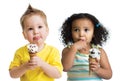 Kids boy and girl eating ice cream isolated Royalty Free Stock Photo