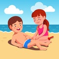 Kids boy and girl playing at sea shore beach sand Royalty Free Stock Photo