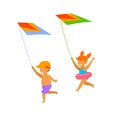 Kids, boy and girl running on the beach and flying kites