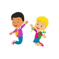 Boy and girs jumping with bag