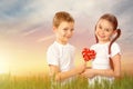 Kids, boy gives a little girl candy red lollipop in heart shape outdoor Royalty Free Stock Photo