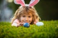 Kids boy hunting easter eggs. Child in bunny ears on Easter egg hunt in garden. Royalty Free Stock Photo