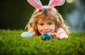 Kids boy hunting easter eggs. Child in bunny ears on Easter egg hunt in garden. Royalty Free Stock Photo