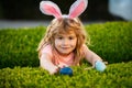 Kids boy hunting easter eggs. Easter bunny kids. Child boy in bunny Easter ears hunt eggs. Kids in bunny ears on Easter