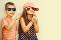 Kids boy and little girl eating ice cream. Royalty Free Stock Photo