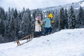 Kids boy and little girl enjoying a sleigh ride. Children sibling sledding, play outdoors in snow. Kids brother and Royalty Free Stock Photo