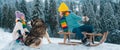 Kids boy and little girl with husky dog enjoying a sleigh ride. Children sibling together sledding, play outdoors in Royalty Free Stock Photo