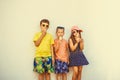 Kids boys and little girl eating ice cream. Royalty Free Stock Photo
