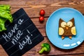 Kids breakfast owl shaped sandwich have a nice day Royalty Free Stock Photo