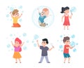 Kids with bubbles. Boys and girls blowing soap foam circle bubbles happy face children in action poses exact vector