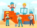 Kids build construction. Little workers in helmets build building from bricks, funny kids teamwork and kid engineer