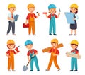Kids builders. Little boys and girls in builder work suit, children in construction helmet and engineering costumes cartoon vector