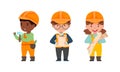 Kids builders set. Cute boy and girl wearing uniform and hardhats with professional tools cartoon vector illustration