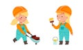 Kids builders set. Cute girls wearing overalls and hardhats with wheelbarrow and paint brush cartoon vector illustration