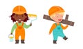 Kids builders wearing overalls and hardhats set. Cute boy and girl working as plumber and painter cartoon vector