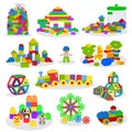 Kids building blocks vector baby toys colorful bricks for construction in playroom where children build or construct