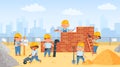 Kids building house together, little builders with construction tools. Cartoon children laying bricks, pushing