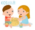 Kids Building a Sand Castle vector illustration of kids making sand castle on sea beach Royalty Free Stock Photo