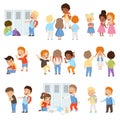 Kids bullying the weaks set, bad behavior, conflict between children, mockery and bullying at school vector Illustration