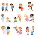 Kids bullying the weaks set, boys and girls mocking classmates, bad behavior, conflict between children, mockery and Royalty Free Stock Photo