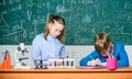 Kids busy study chemistry. School chemistry lesson. School laboratory. Girl and boy smart students conduct school