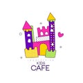 Kids cafe logo design, badge with colorful castle, label for childrens and baby food vector Illustration on a white