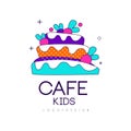 Kids cafe logo design, bright badge with cake, label for childrens and baby food vector Illustration on a white