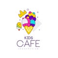 Kids cafe logo design, bright badge with ice cream, label for childrens and baby food vector Illustration on a white