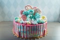 Kids cake decorated with Teddy bear and colorful meringues, marshmallows. Concept of desserts for the birthday children Royalty Free Stock Photo