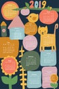 2019 Kids Calendar Illustration vertical. Cute hand drawn cat, bird, flower. Flat Scandinavian style