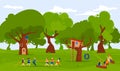 Kids camp forest nature, summer outdoor vector illustration, flat girl boy character play tug-of-war together, children