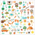 Kids camping cartoon vector illustration. Set of Kids camp elements and icons, cartooning illustrations about childhood