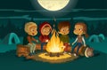 Kids camping in the forest at night near big fire. Children sitting in a circle, tell scary stories and roast Royalty Free Stock Photo