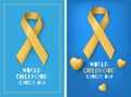 Kids cancer month. Yellow ribbon. Illness awareness posters. Children health treatment. Life hope and charity symbols