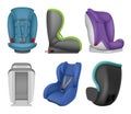 Kids car seat. Comfortable place for safety kids in car on road decent vector realistic chair