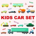 Kids car set colorful cartoon style on white background for pattern, game