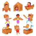 Kids cardboard boxes. Cartoon children characters make cardboard objects, plane with pilot, house and ship, imagination