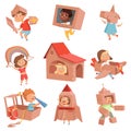 Kids cardboard costumes. Children playing in active games with paper box making house car and airplane vector characters