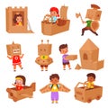 Kids cardboard game. Cute little children play with boxes, build castle, pirate ship and plane, driver in car Royalty Free Stock Photo