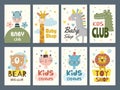 Kids cards. Birthday placards holiday invitation templates children funny symbols with place for text recent vector