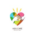 Kids care, family or charity logo emblem design template. Hand drawn heart with baby and adult hands silhouettes Royalty Free Stock Photo