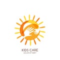 Kids care, family or charity logo emblem design template. Hand drawn sun with baby and adult hands silhouettes.