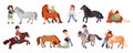 Kids care horses. Little equestrians riding on ponies, child grooming feed small horse, kid cavalier hug pony, cartoon Royalty Free Stock Photo