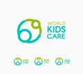Kids care logo, circular concept protection child icon, mother and baby abstract logotype, world children protection day