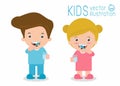 Kids caring for teeth, kids brushing teeth, boy and girl brushing teeth, kids with toothbrush