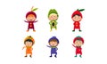 Kids in carnival clothes set, cute little boys and girls wearing fruits and berriess costumes, cherry, orange, blueberry