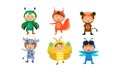 Kids in carnival costumes set, cute little boys and girls wearing insects and animals clothes, fox, dragonfly, monkey