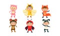 Kids in carnival costumes set, cute little boys and girls wearing insects and animals clothes, pig, bee, monkey, fox Royalty Free Stock Photo