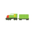 Kids cartoon green toy cargo train, railroad toy with locomotive vector Illustration on a white background Royalty Free Stock Photo